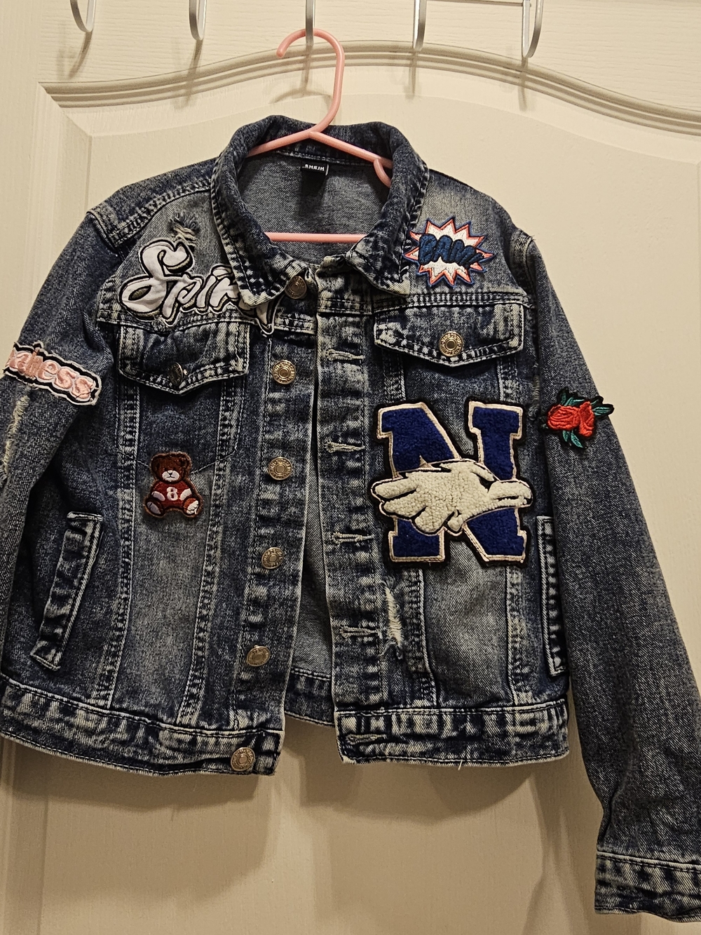 SHEIN Dark Blue Embroidered Patch Denim Jacket for Kids
